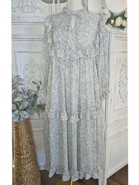 Stella Nova Light Blue Floral Ruffle Barbara Maxi Dress